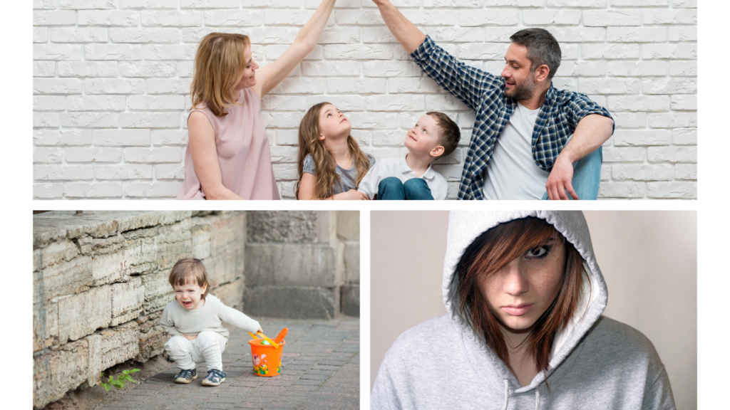 Vier Bilder einer Trotzkind-Familie mit einem Pubertät-Kind im Kapuzenpullover.