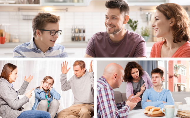 Eine Collage aus Trotzkind- und Pubertät-Bildern, die eine Familie im Gespräch zeigt.