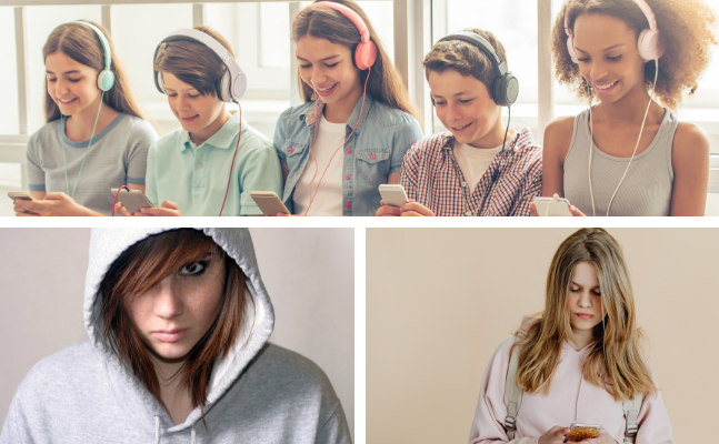 Eine Collage aus Bildern von pubertierenden Mädchen, die auf ihren Handys Musik hören.