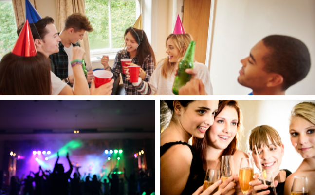 Eine Collage aus Bildern, die die fröhliche und lebendige Atmosphäre einer Party einfängt.