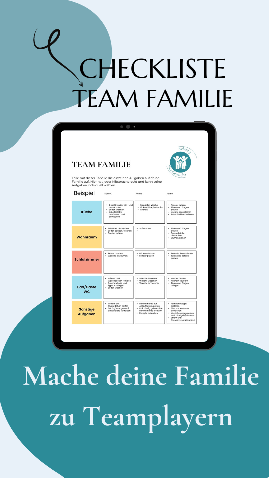 Auf einem Tablet angezeigte digitale Checkliste mit dem Titel „Team Familie“ zur Organisation von Familienaufgaben und zur Förderung der Teamarbeit im Haushalt.