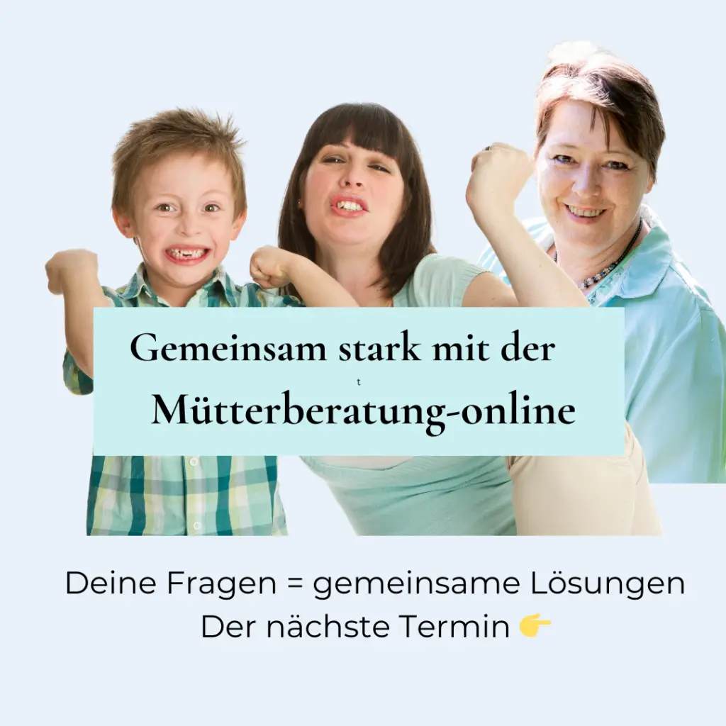 Drei Personen posieren selbstbewusst. Der Text lautet: „Gemeinsam stark mit der Mütterberatung-online. Deine Fragen = gemeinsame Lösungen. Entdecke hilfreiche Tipps im Blogbeitrag oder vereinbare deinen nächsten Termin 👉.