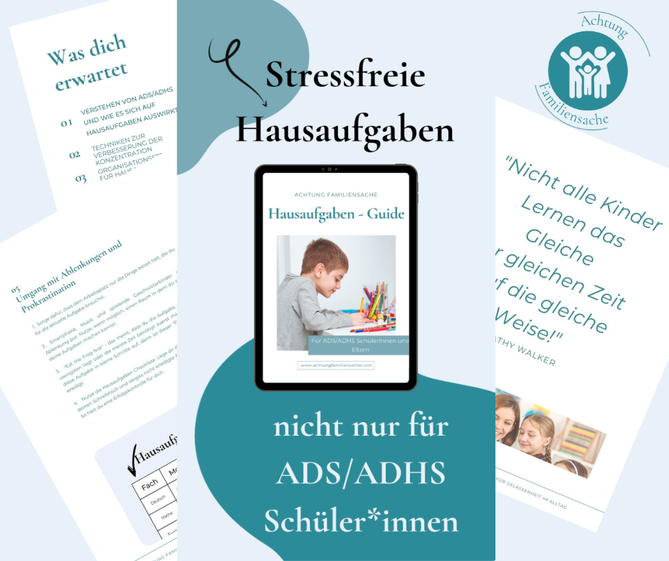 Das Bild zeigt einen Leitfaden mit dem Titel „Stressfreie Hausaufgaben“, in dem ein Kind fleißig seine Hausaufgaben macht. Er bietet praktische Tipps für Schüler mit und ohne ADS/ADHS, die durch mehrere kreisförmige Textmarkierungen hervorgehoben werden, damit sie leichter nachzuschlagen sind.